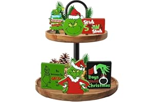 NEZABABY Christmas Tiered Tray Decor,Christmas Tiered Tray Decor, Farmhouse Tiered Tray Decoration,Green Christmas Tree Wooden Signs Decorations