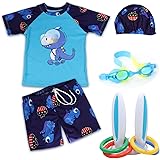 CONQLOAD Children Kids Boys Swimsuits Swimwear Sets.Dinosaur Pattern Short Sleeve Swimsuits Swimming Cap Swimming Goggles Inf
