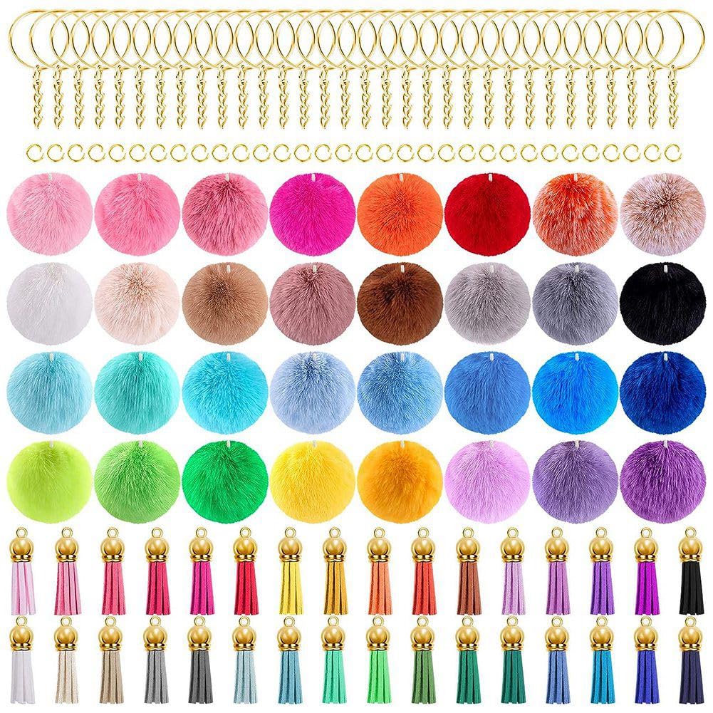 Cucioki 160 PCS Keychain Pom Pom Tassel Set Kit Pom Pom Balls Faux Fur Pom Pom Gold Key Ring For DIY Projects, Random Color