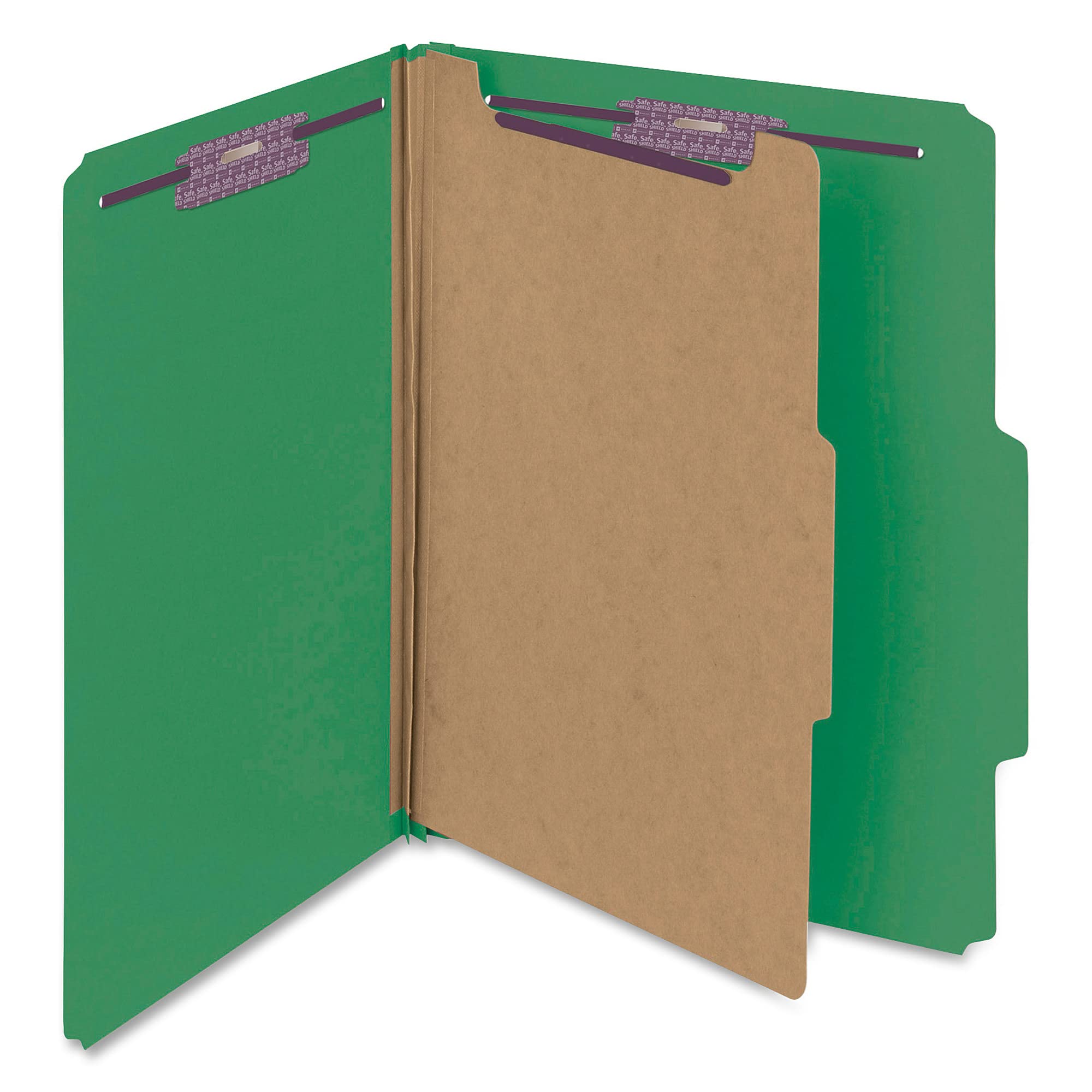 Smead Pressboard Classification File Folder with SafeSHIELD® Fasteners, 1 Divider, 2" Expansion, Letter Size, Green, 10 per Box (13733)