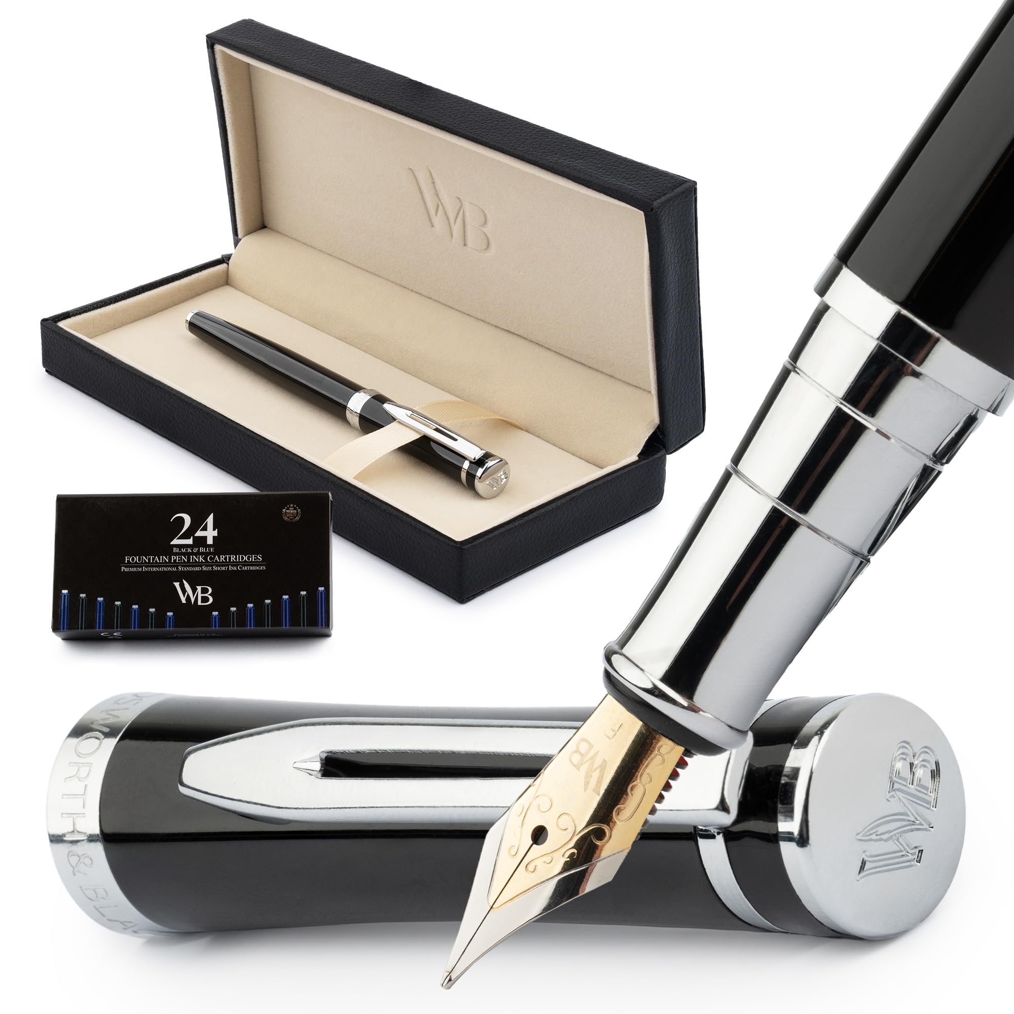 Wordsworth & Black Fountain Pen Set, 18K Gold Fine Point, 24 Ink Cartridges, Ink Refill Converter and Gift Box, Gold Finish, Calligraphy [Black Chrome]
