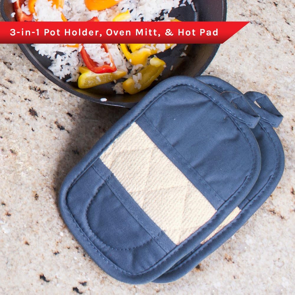 Ritz Royale Collection 100% Cotton Terry Cloth Mitz, Dual-Function Pot Holder/Oven Mitt Set, 4-Pack, Federal Blue: Home & Kitchen