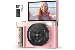 4K Digital Camera Pink for Girls Teens: 64MP Vlogging Camera with Flip Screen - 16X Zoom - Cute Compact Cam for Photography a