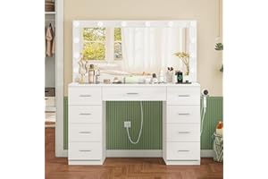 TEENFON 46" Vanity Desk with Glass Desktop and 9 Drawers, Makeup Vanity with Large Lighted Mirror and Power Outlet, Vanity Ta