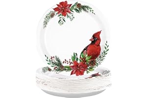 GRENCIAN 50Pcs Winter Cardinal Paper Plates 9 Inch Large Heavy Duty Winter Red Cardinals Birds Party Dessert Plates Christmas Poinsettia Pinecone Holly Disposable Plate for Xmas Holiday Dinner Party Supplies
