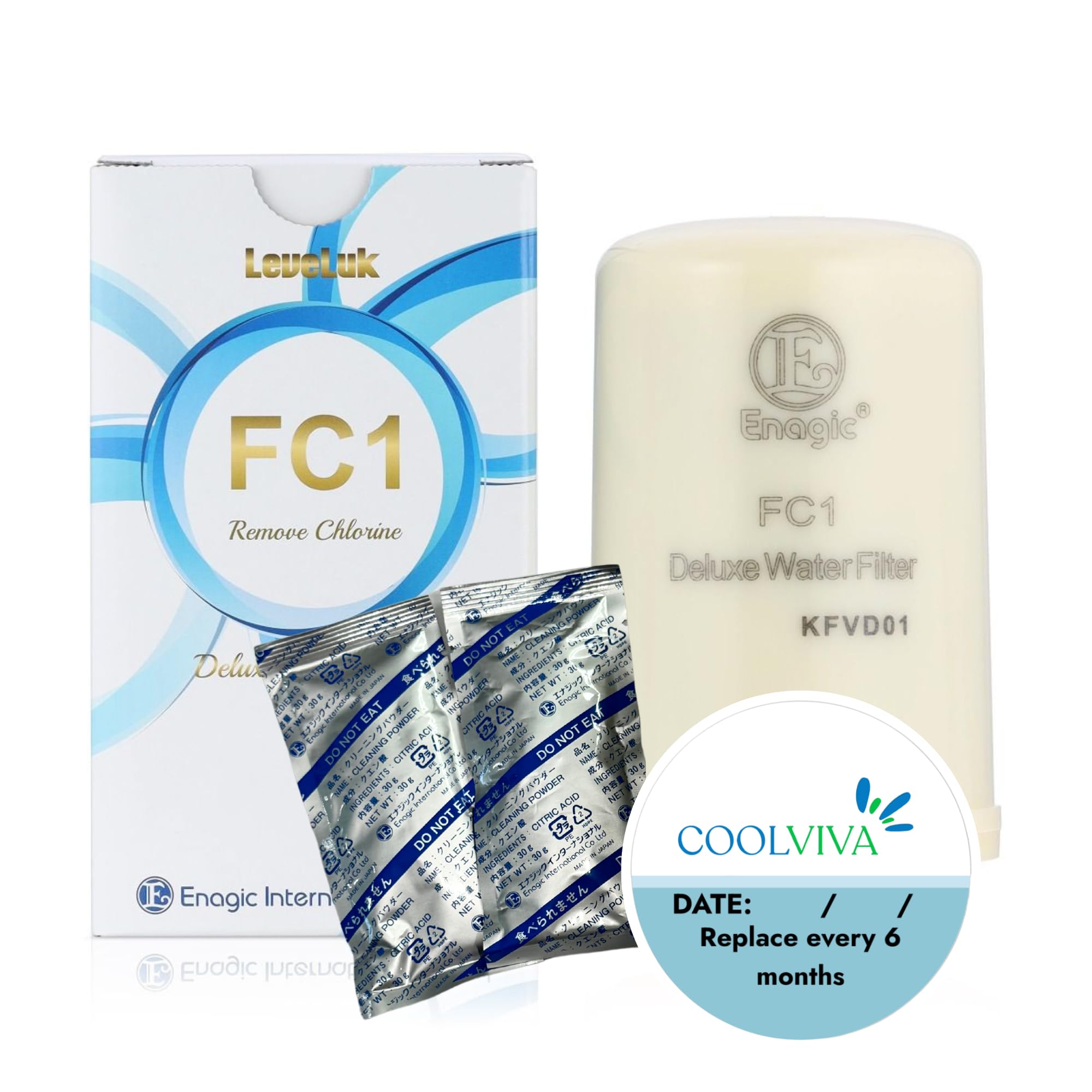 Photo 1 of Water Filter Replacement Kit by COOLVIVA. FC1 Replaces Enagic Leveluk F8 and HG-N Filters on K8, SD501, JRIV Machine. Features One FC1 Water Filter, Two Cleaning Powders, and a Reminder