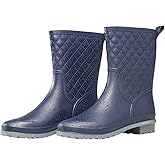 Petrass Women Rain Boots Black Waterproof Mid Calf Lightweight Cute Booties Fashion Out Work Comfortable Garden Shoes