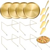 GRETJOB 12 Pcs Pizza Display Stands for Party Pizza Pan Riser Stand Set | 4 Metal Pizza Risers, 4 Pizza Pans, 4 Pie Servers, Gold Pizza Stands Set for Party, Dessert, Cheese and Restaurant Use