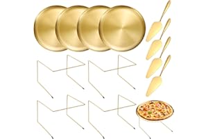 GRETJOB 12 Pcs Pizza Pan Riser Stand Set, 4 Metal Pizza Table Stands + 4 Nonstick Pizza Pans + 4 Pie Servers, Gold Pizza Rack & Tray for Baking, Dessert, Cheese, Party, and Restaurant Use (Gold)