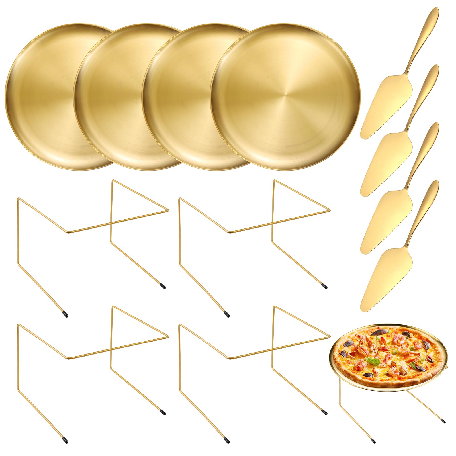 Photo 1 of **PLATE STANDS ONLY** GRETJOB 12 Pcs Pizza Pan Riser Stand Set, 4 Metal Pizza Table Stands + 4 Nonstick Pizza Pans + 4 Pie Servers, Gold Pizza Rack & Tray for Baking, Dessert, Cheese, Party, and Restaurant Use (Gold)