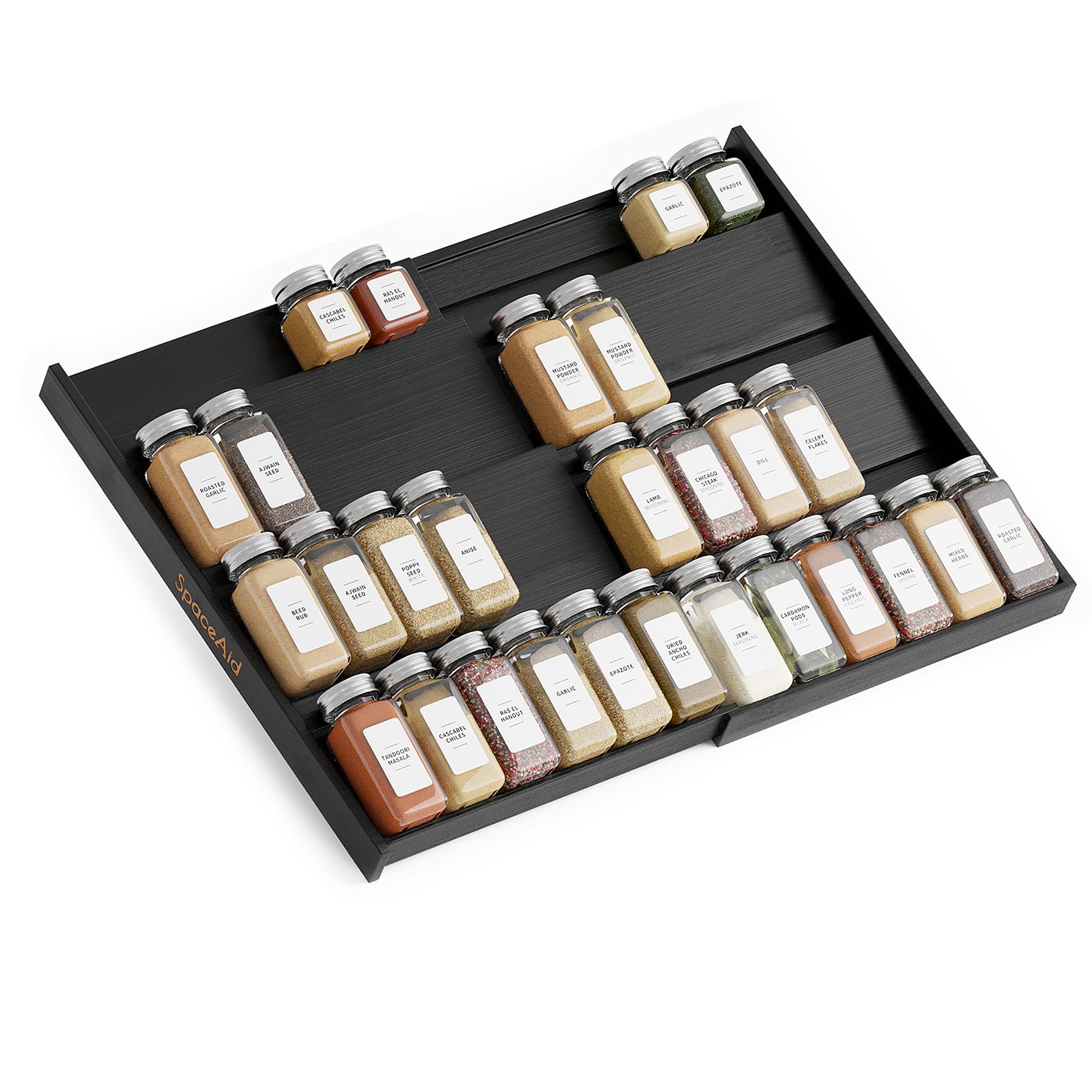 Photo 1 of SpaceAid Bamboo Black Spice Drawer Organizer, (Need 3" Deep Drawer) Expandable 4 Tier Spices Rack for Cabinet, Kitchen Seasoning Storage Insert (Jars Not Included, From 12" to 23" Wide)