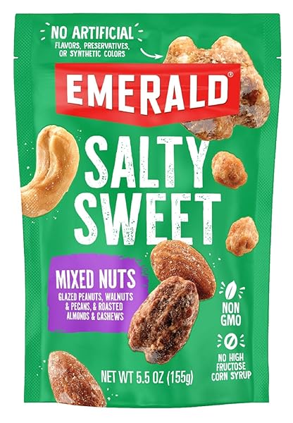 EMERALD NUTS SALTY SWEET MIXED NUTS (1-PACK), FEATURES KETTLE GLAZED PEANUTS, ALMONDS, CASHEWS, KETTLE GLAZED WALNUTS, KETTLE GLAZED PECANS, 5.5OZ RESEALABLE BAG
