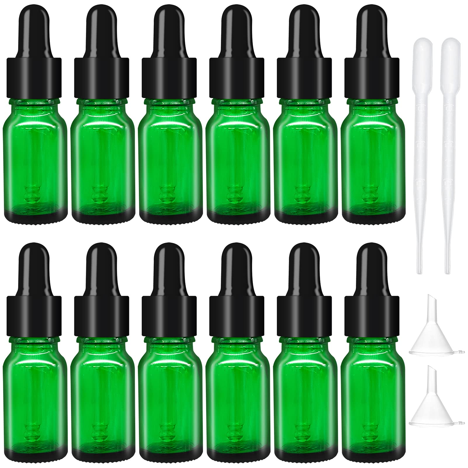 WINSDL 10 ml pipette bottle, a set with 12 + 2 droppers + 2 funnels, the new thickened green glass bottle with essential oils used to contain essential oils, cosmetics