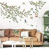 decalmile Birds on Tree Branch Wall Decals Spring Green Leaves Flying Bird Wall Stickers Living Room Bedroom Sofa TV Background Wall Decor