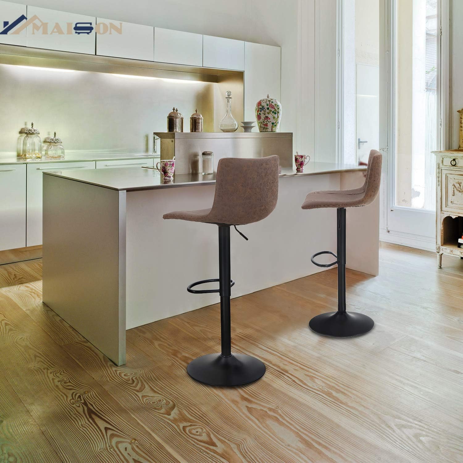 Maison Swivel Bar Stools Set of 2 for Kitchen Counter Adjustable Counter Height Bar Chairs with Back Tall Barstools Faux Leather Kitchen Island Stools, 300LBS Bear Capacity, Brown: Kitchen & Dining