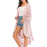 Anna-Kaci Women's Crochet Long Vest Boho Short Sleeve Kimono Cardigan Swimwear Cover up