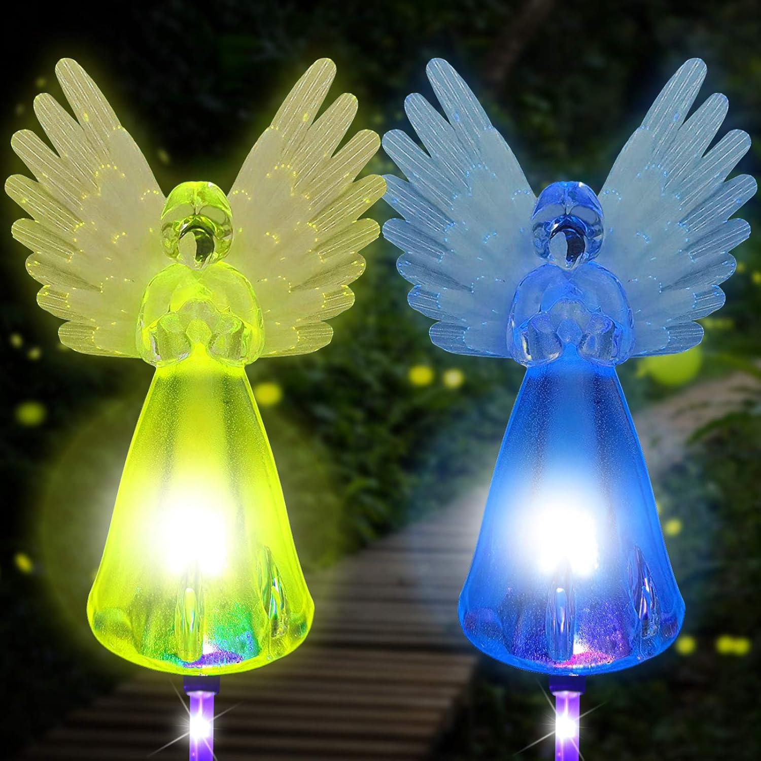 Solar Powered Angel Lights Outdoor, 2 Pack Garden Stake Light Landscape Path Lights Color Changing LED Waterproof Lawn Decorative Light for Patio Yard Cemetery Grave, Memorial Gifts for Loved Ones