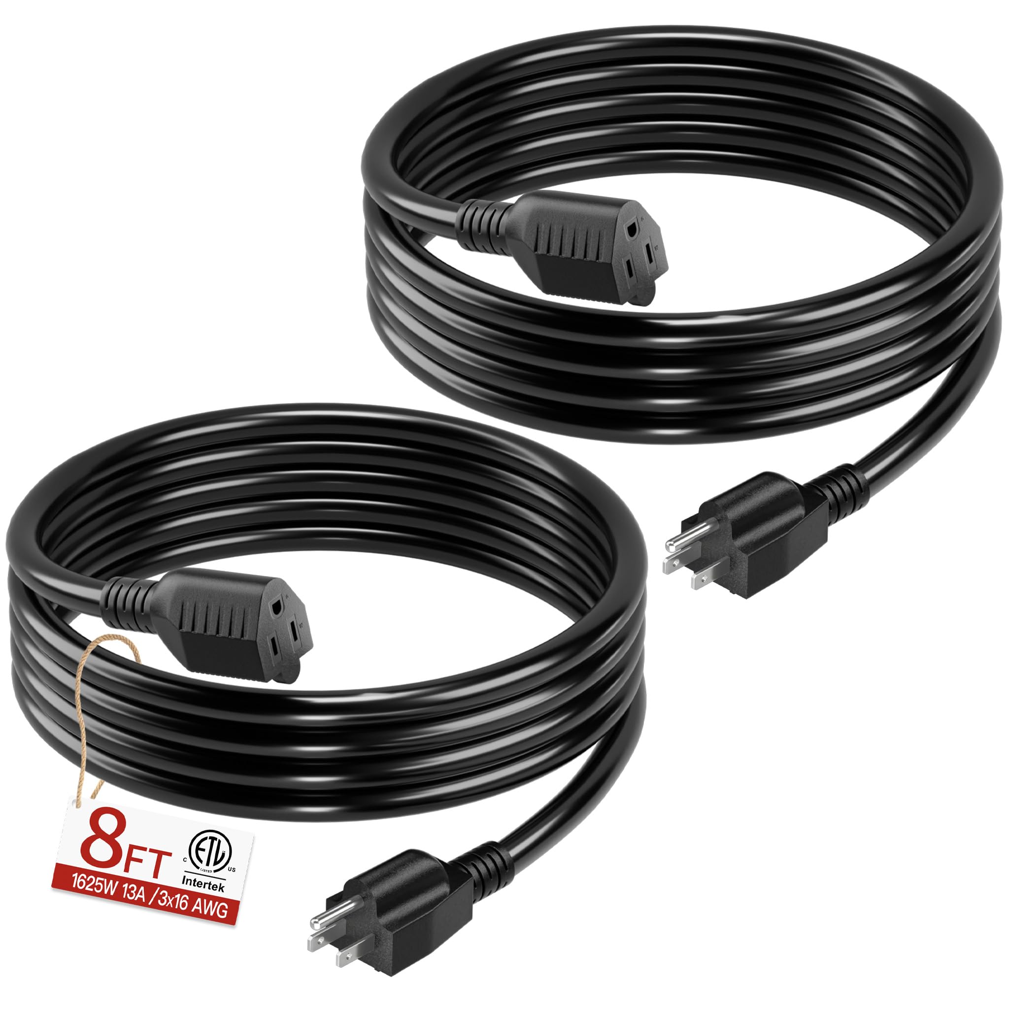 16/3 Short Extension Cord 8 FT 2 Pack, Black