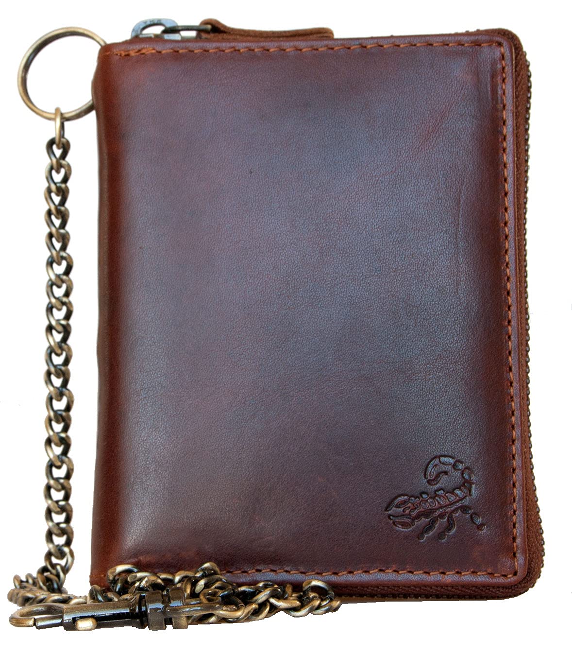 Men's Metal Zip-Around Natural Genuine Leather Wallet with Scorpion and Long Chain and Carbiner