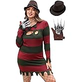 For G and PL Women's Halloween 3 Pcs Plus Size Red and Green Striped Costume Knit Sweater Dress with Gloves and Hat
