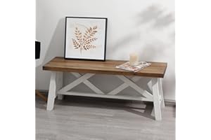 Wnutrees 43" Farmhouse Wood Bench, Rustic Solid Wood Entryway Bench Seat with Double X-Structure for Dining Room, Living Room, Hallway, Structural Stability, White