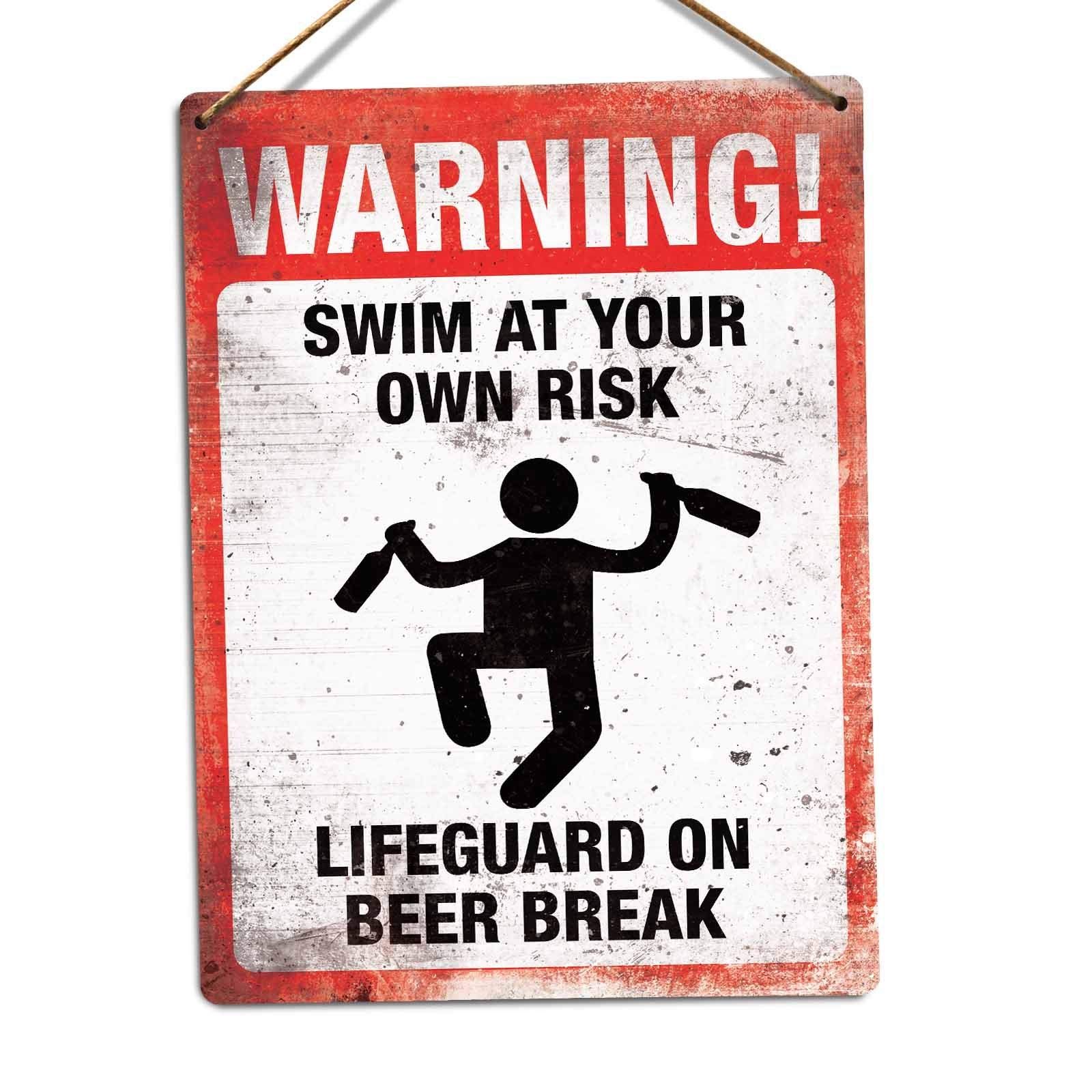 WARNING! Swim at your own risk | Metal Wall Sign Plaque Art Fun Hot Tub Pool Beer (Medium - Sticky Pads)