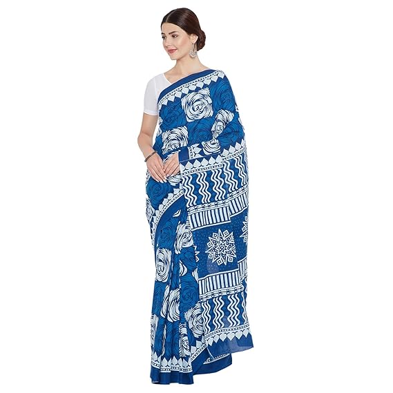 Finest Quality Cotton - Handmade Indigo Double Dabu print - Block Print Saree with Blouse Piece RDSNSA0106