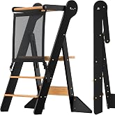 COSYLAND Toddler Standing Tower Foldable Toddler Kitchen Step Stool | Adjustable Height Folding Step Stool for Kids Learning, Cooking - Ages 18 Months-6 Years with Safety Net Natural &amp; Charcoal