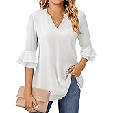 Uhiger Flutter 3/4 Length Sleeve Womens Tops Dressy Casual Chiffon Blouse Double Layer Business Work Tunic Shirts
