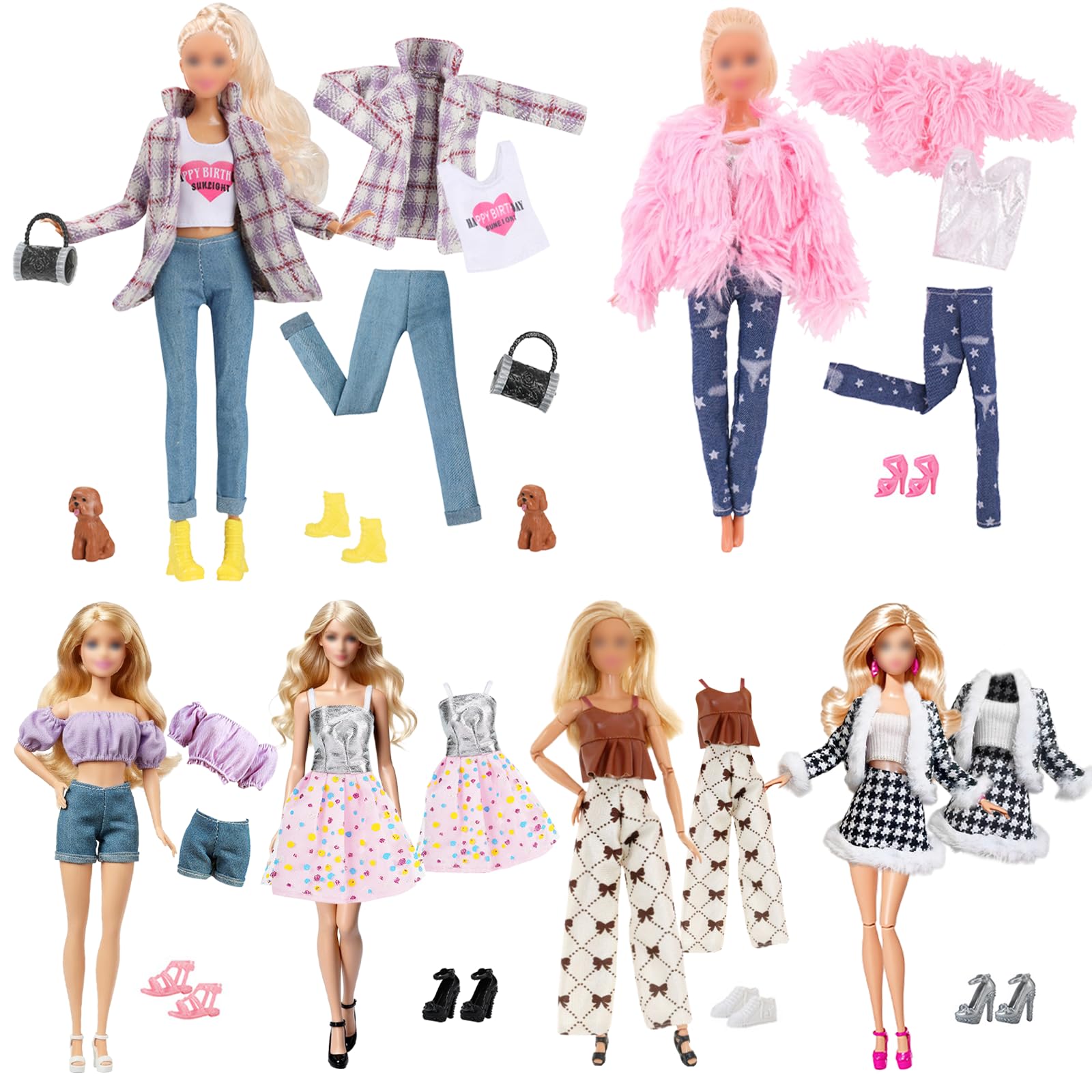 14 Pcs Doll Clothes Compatible with Barbie 11.5 Inch Girl Dolls Fashion Pack 6 Set Accessories Fashionable Coat Houndstooth Suit Evening 1 Tulle Skirt Casual Outfit 6 Shoes 1 Handbag 1 Dog