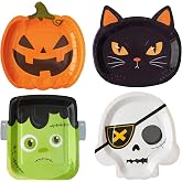 HOMIX Halloween Paper Plates, Disposable Dinner Plates 48 Count Shaped in Pumpkin Skeleton Cat and Frankenstein for Halloween Party Supplies