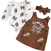 Baby Girl Football Outfit Game Day Long Sleeve Knit Romper Rugby Sleeveless Overall Dress 3Pcs Cute Fall Clothes (Game Day-Khaki, 3-6 Months)