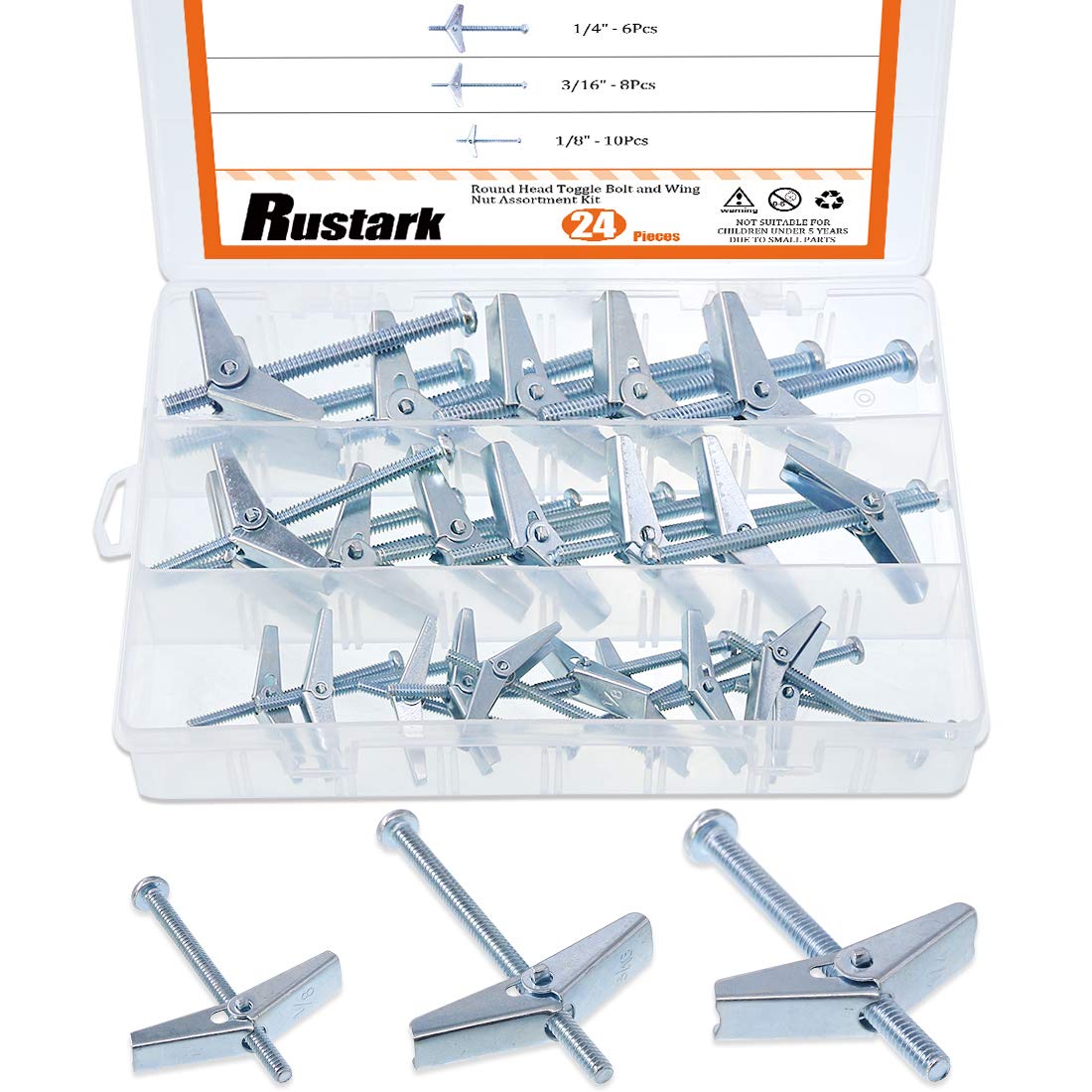 Rustark 24Pcs 1/4'' 1/8'' 3/16'' Zinc Plated Steel Round Head Toggle Bolt and Wing Nut Assortment Kit for Hanging Heavy Items on Drywall