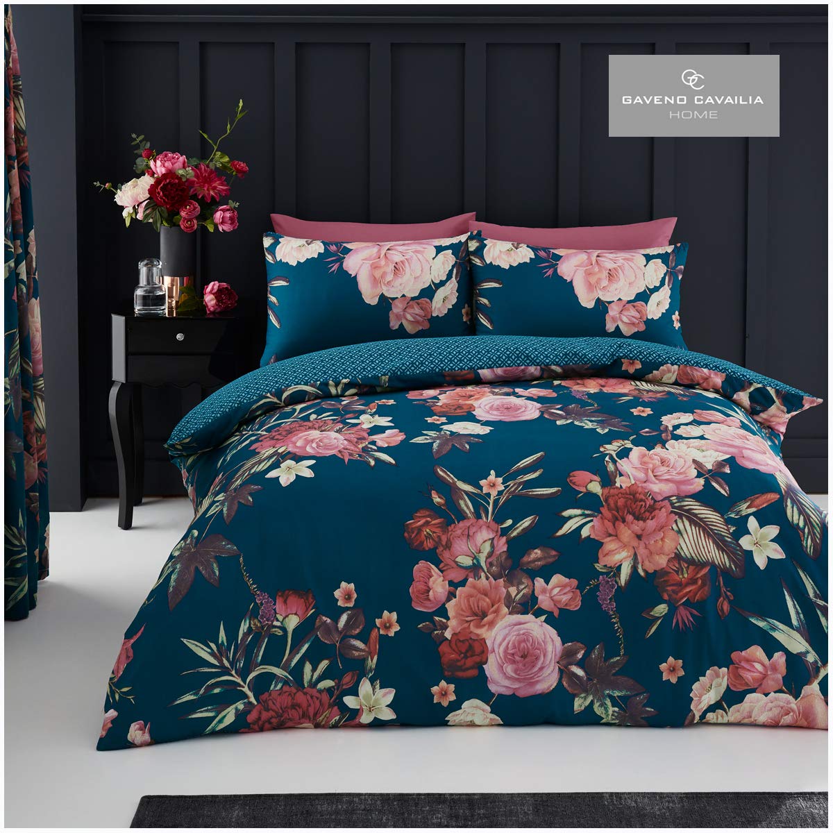 Luxurious FLORA Bed Set with Duvet Cover and Pillow Cases, Polyester-Cotton, Teal, Single