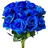 Lokediren 12 PCS Rose Artificial Silk Flowers, Fake Roses with Long Stems Realistic Faux Rose Flower Bouquets for Home Wedding Decoration Party-Sapphire Blue