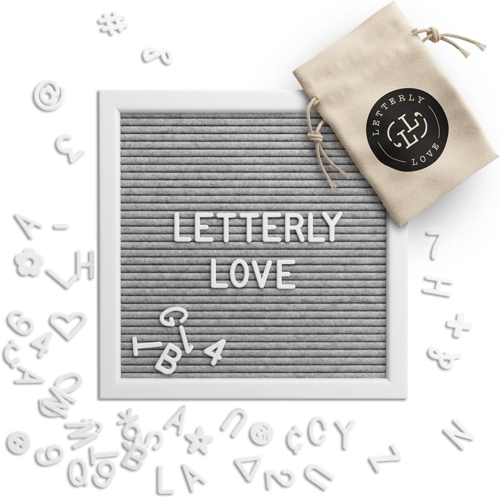 Letterly Love Letter Board - 10x10 White Frame - Grey Felt Letterboard