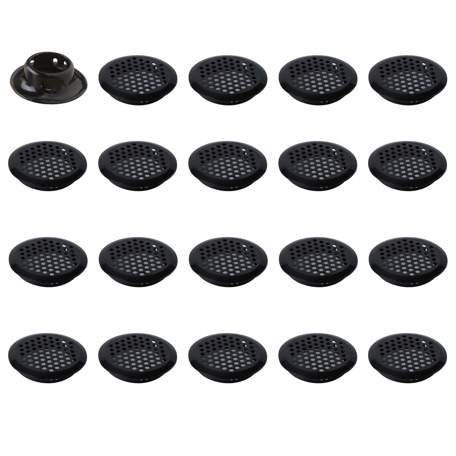 Leliafleury 20Pcs Air Vent Louver Round Ventilation Grilles Mesh Hole Soffit Vents Stainless Steel Air Vent Louver Hole for Kitchen Bathroom Cabinet Wardrobe (Black, 19mm Bevel Mouth)