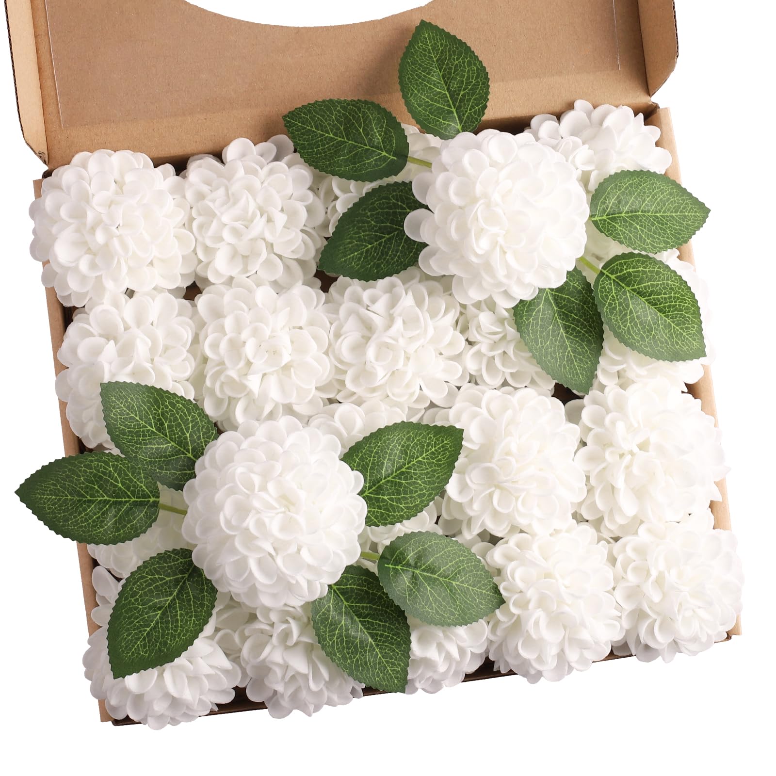 N&T NIETING Artificial Flowers 20pcs Fake Dahlia Flowers with Leaves and Stems, Foam Dahlia DIY Flower for Wedding Bouquets Floral Centerpieces Arrangements Shower Party Home Decor, White