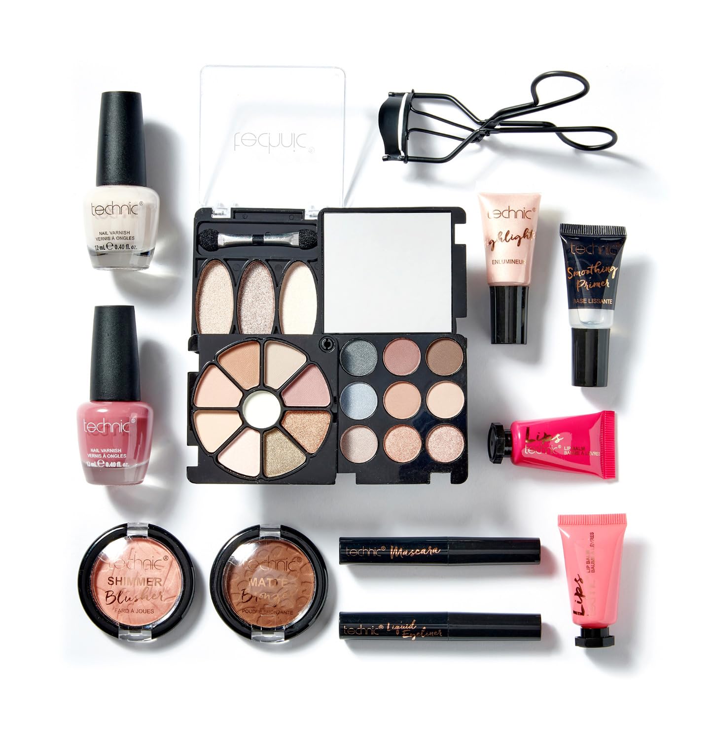 Technic Cosmetic Bag Set - Full Make Up Kit - 14 Mini Essentials for Eyes, Lips, Face & Nails In a Portable Storage Bag - Perfect For Overnight Trips and Holidays - Vegan and Cruelty Free