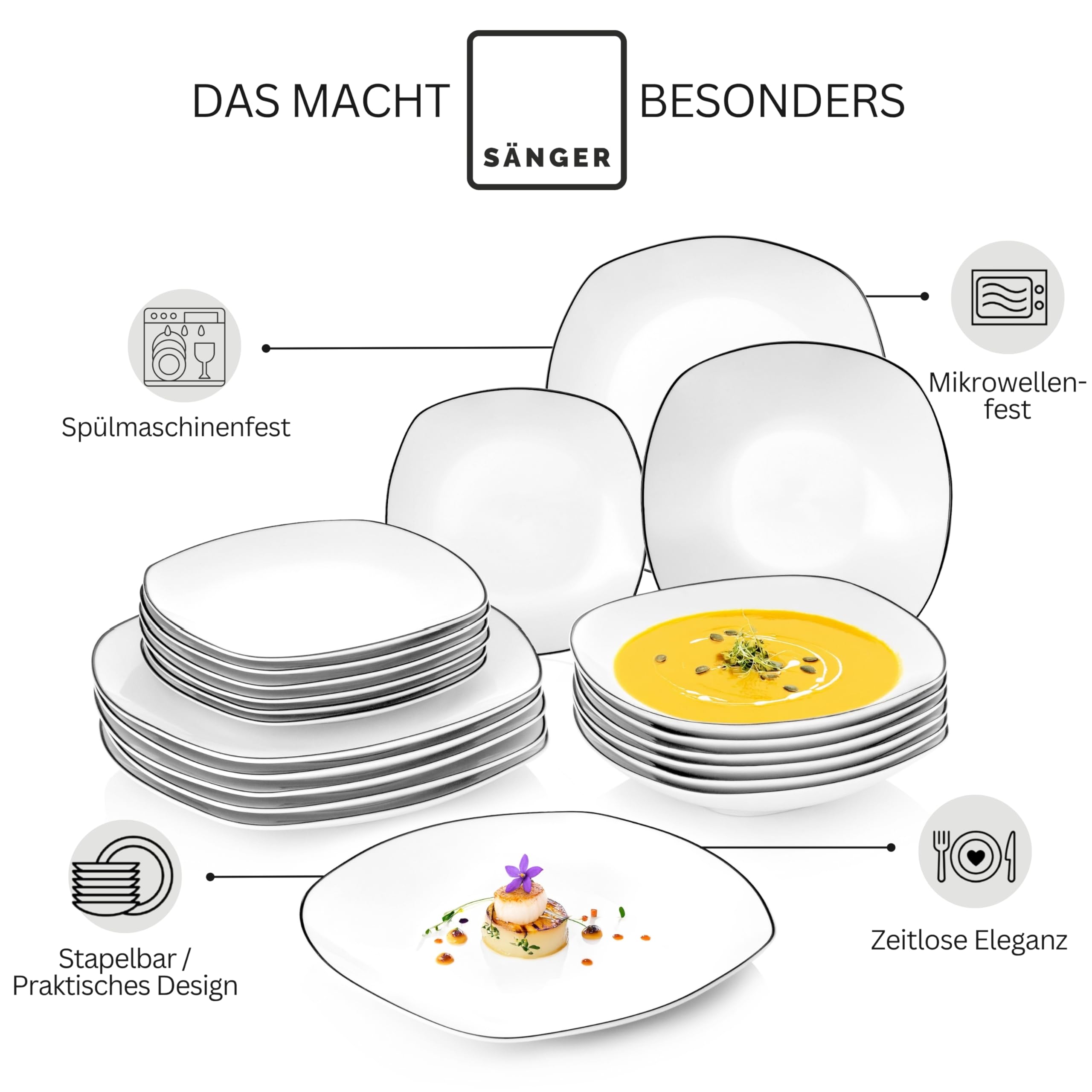 SÄNGER | Teller Set Bilgola Black Rim 18 tlg, Porzellan Geschirrset 6 Personen Tafelservice Spülmaschinenfest, Essgeschirr mit Flachen & Tiefen Tellern mit Schwarzen Akzenten | PREMIUM COLLECTION 5