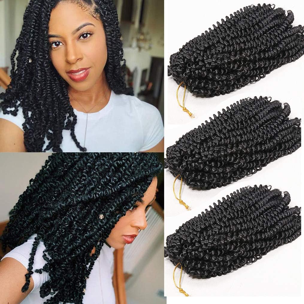 RuiFei 3 Pack Spring Twist Crochet Braids Bomb Twist Crochet Hair Ombre Colors Synthetic Fluffy Hair Extension 8inch (1B#)
