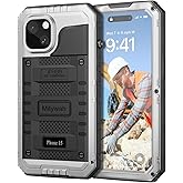 Mitywah Waterproof Case for iPhone 15, Heavy Duty Shockproof Case with Built-in Screen Protector, Full Body Underwater Protective Metal Case 6.1 inch, Silver