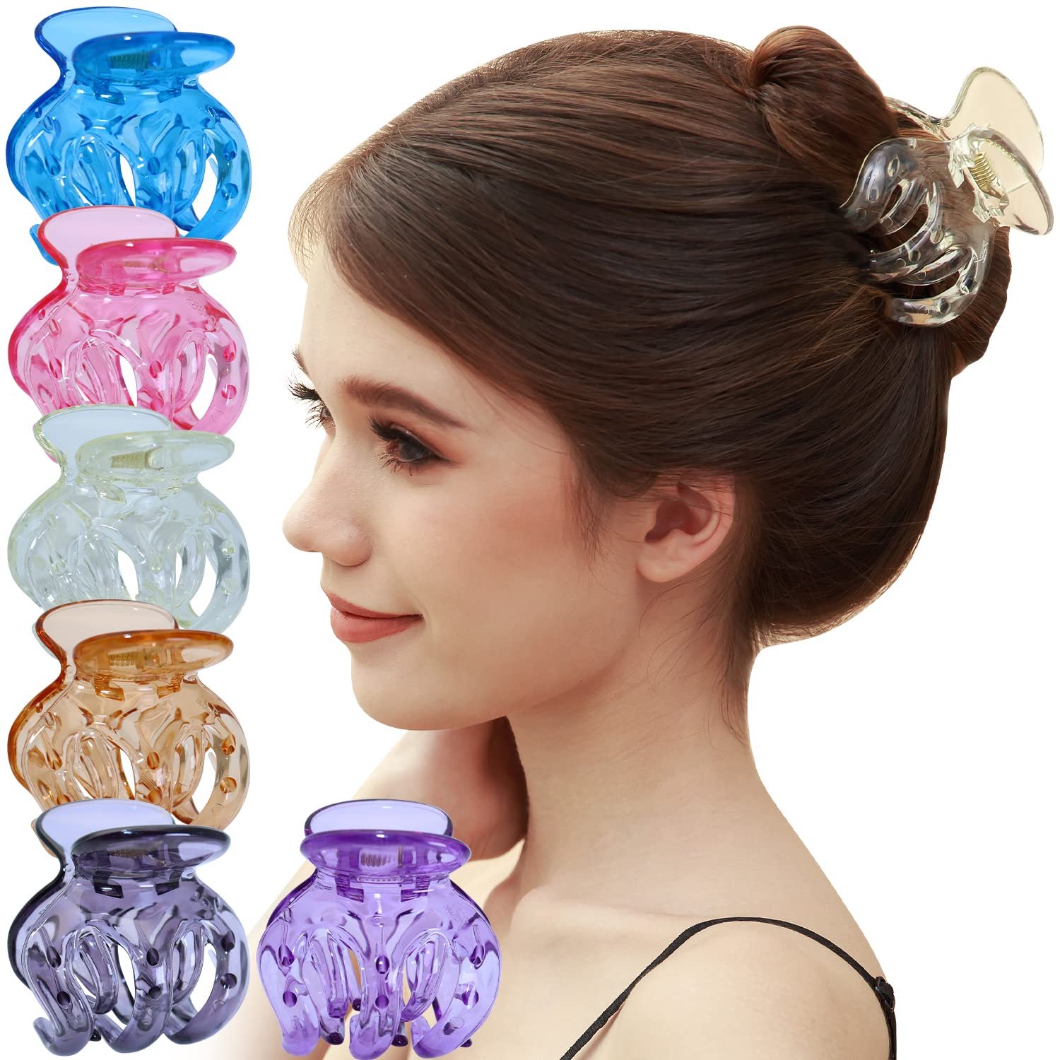 RC ROCHE 6 Pcs Octopus Hair Claw Clip for Women Thick Hair Round Jaw Pumpkin Jumbo Extra Big Cute Slip Secure Grip Strong Classic Clamp, Large Transparent Multicolor