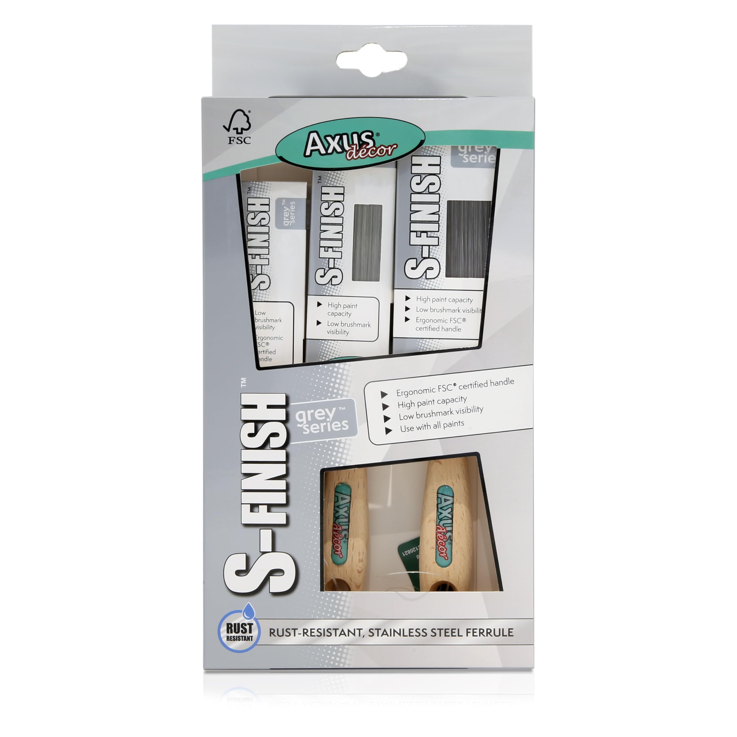 Axus Decor Immaculate S-Finish Paint Brush (Grey Color) - Set of 3-1", 1.5", 2"mm - For All Paints, Synthetic Bristle Filaments, Natural Bamboo Handles, Rust-Resistant Stainless Steel