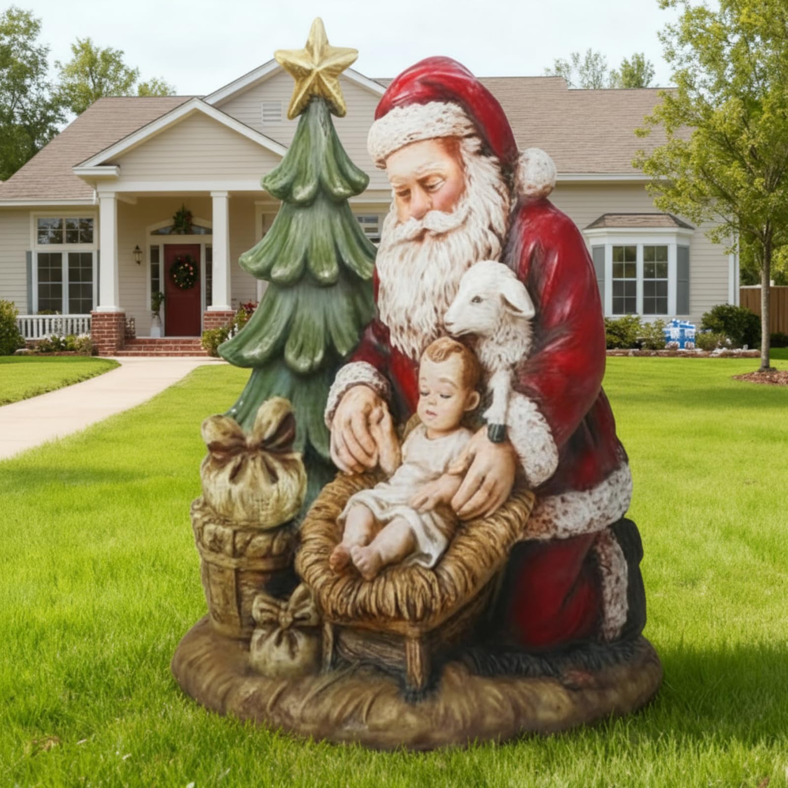 Photo 1 of LEIFIDE Metal Outdoor Nativity Scene 38.6'' Kneeling Santa with Baby Jesus Lambs Christmas Yard Decor with Stakes for Xmas Holiday Lawn Garden Home Family