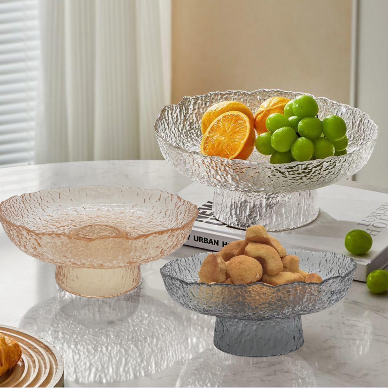 FESTLOVE Glass Fruit Bowl, 10” Gray Decorative Bowl, Fruit Bowl for Kitchen Counter, Decorative Pedestal Bowl Centerpieces Table for Home Décor, Candy Dish Dessert Display Stand