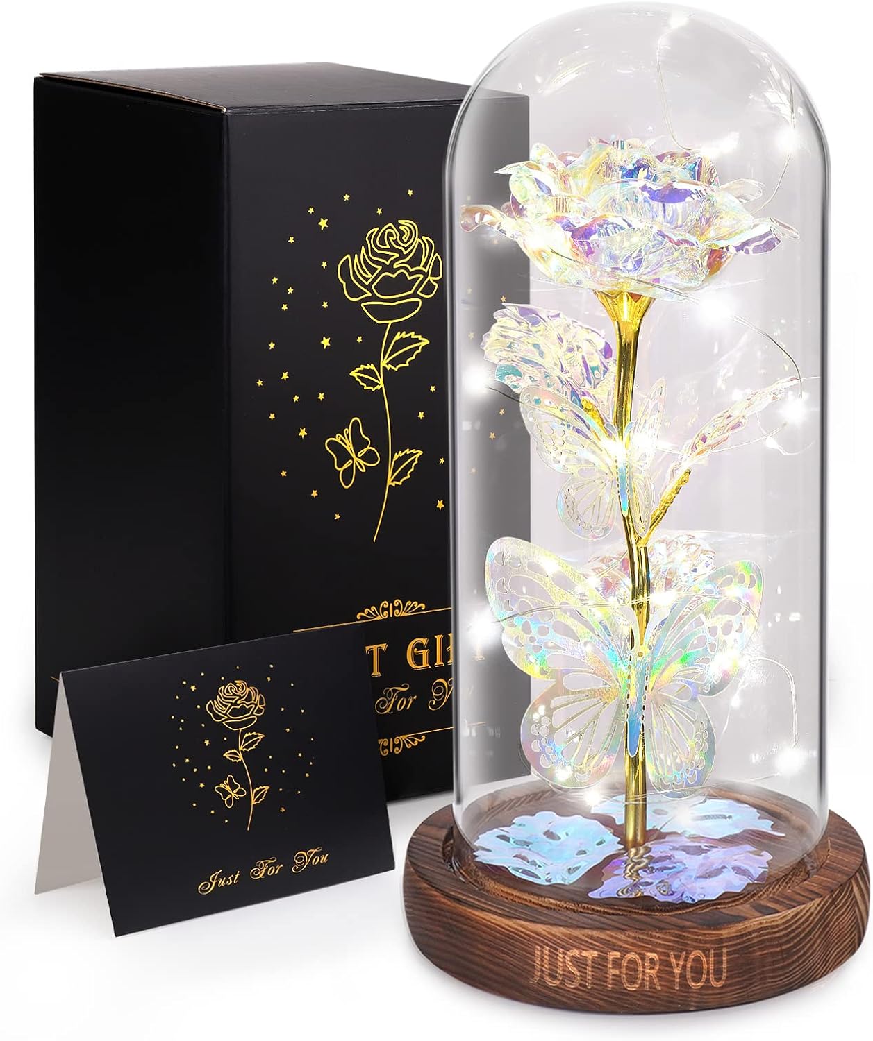 Dried & Preserved Flora - WOKEISE Rose Gifts for Mom,Wife,Grandma,Light Up Preserved Rose Flower Butterfly in Glass Dome,Personalized Birthday Gifts for Women,Girlfriend,Teenage Girls,Sister,Silver