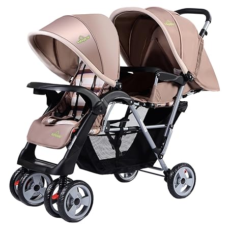 GOPLUS Geschwisterwagen Zwillingsbuggy Kinderbuggy Buggy doppel Kinderwagen Babybuggy Babywagen klappbar Sonnenschutz (grau)