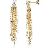 14k Gold Plated 925 Sterling Silver Tassel Dangle Earrings for Women, Long Chain Fringe Drop Earrings with CZ, Statement Jewelry Party Prom
