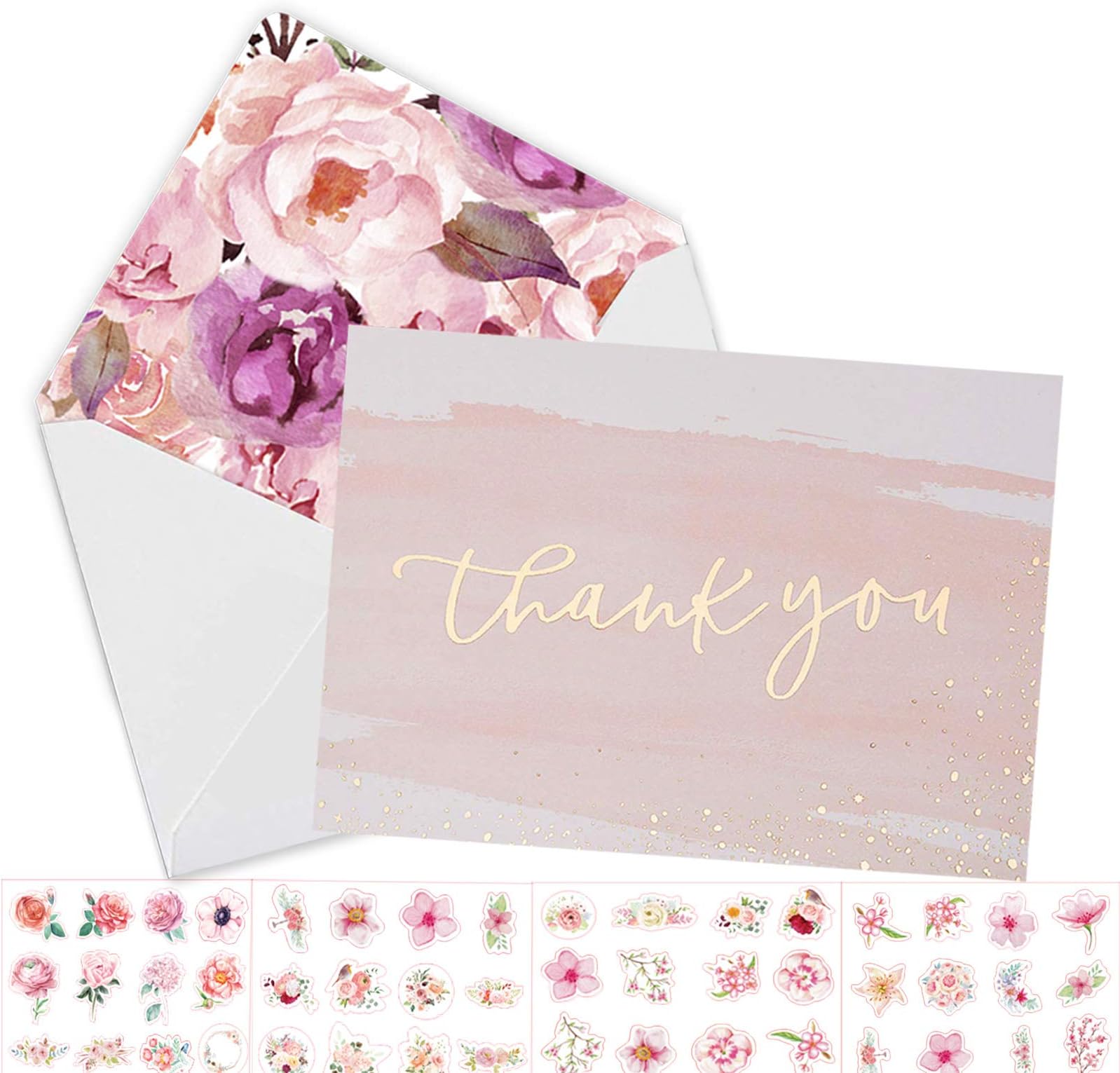 100 Thank You Cards with Envelopes -Gold Foil Watercolor Card with Floral Envelopes &Stickers- Weddings Bridal Showers Baby Showers,Blank inside